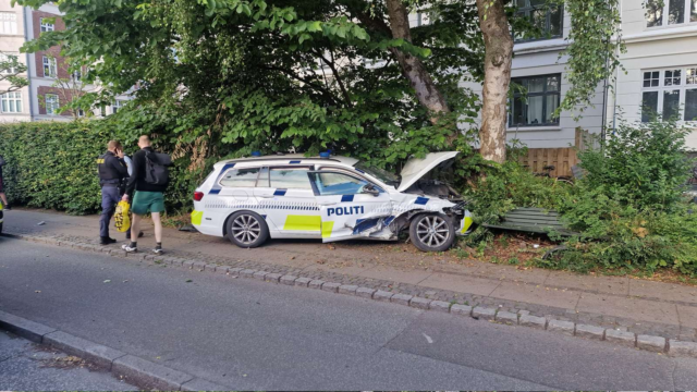 Politibil brager ind i træ i voldsom ulykke