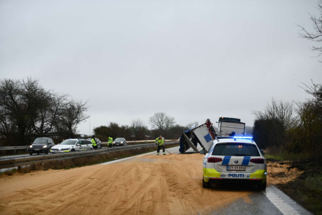 Lastbilanhænger med flere tons korn vælter på motorvej