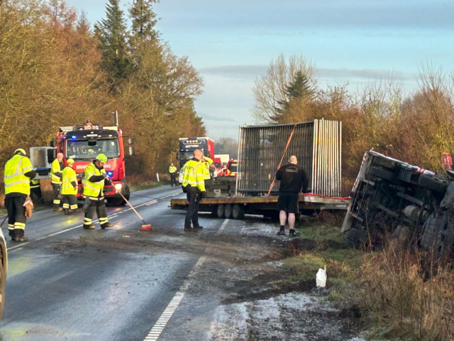 Spærret i begge retninger: Pløjer græs op og vælter i grøften