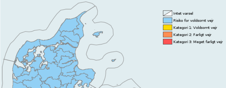 Der er risiko for 'voldsomt vejr'. Varslet fra DMI varer i mange timer.