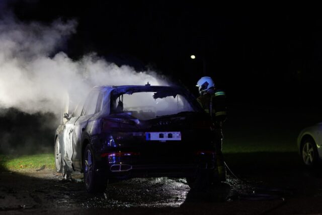 To biler står i flammer: Politihunde leder i området